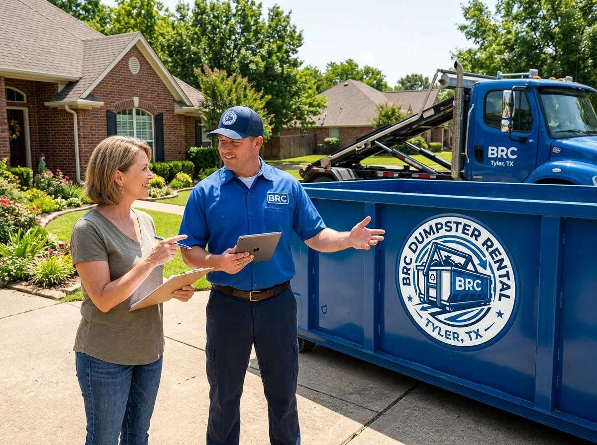 Speaking with a BRC Dumpster Rental Tyler driver beside a roll-off container
