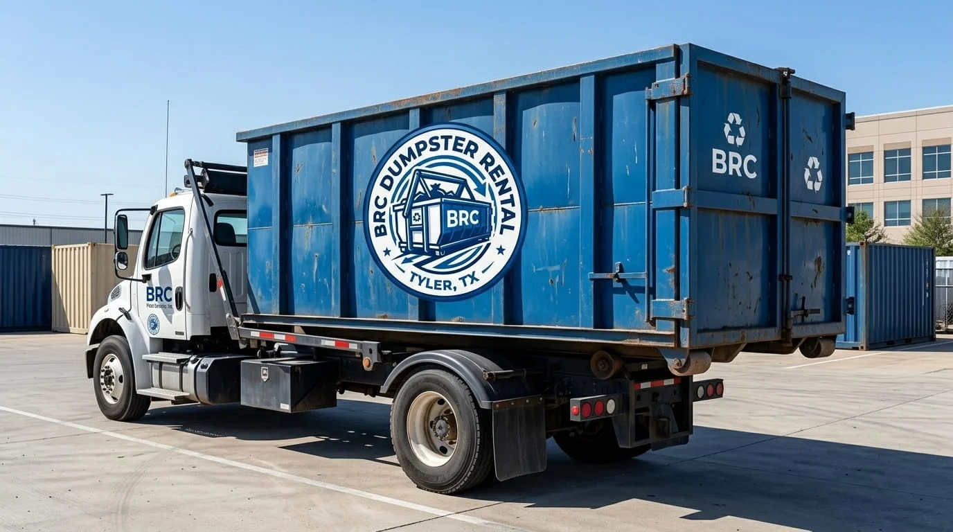 BRC Dumpster Rental Tyler roll-off truck delivering a container in Tyler, TX